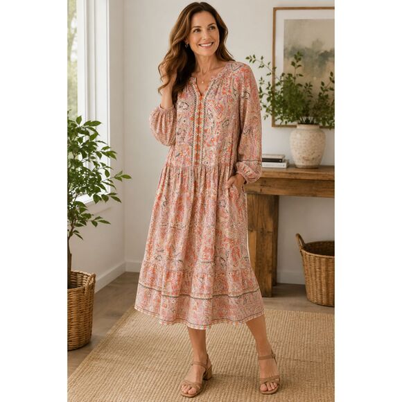 J. Jill Dresses & Skirts - J.Jill Paisley Tiered Babydoll Midi Dress XL Boho Cottage Coastal Coral Pink